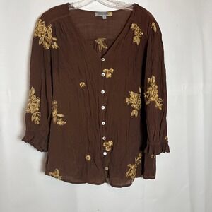 Figueroa & Flower Brown Gold Floral Embroidered Button Front Blouse Large Boho